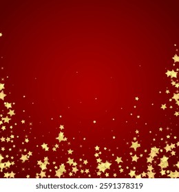 Magic stars vector overlay.  Gold stars scattered around randomly, falling down, floating.  Chaotic dreamy childish overlay template. Vector magic overlay  on red background.