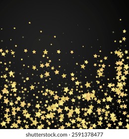 Magic stars vector overlay.  Gold stars scattered around randomly, falling down, floating.  Chaotic dreamy childish overlay template. Vector fairytale  on black background.