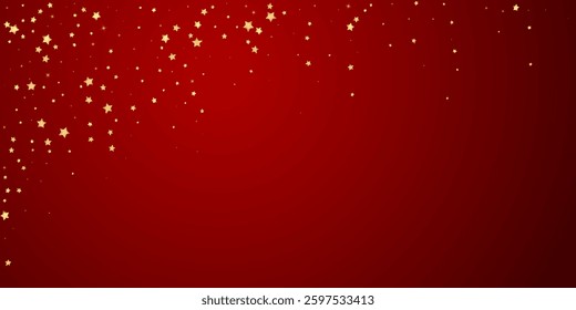 Magic stars vector overlay. Gold stars scattered around randomly, falling down, floating. Chaotic dreamy childish overlay template. Enchanting vector with magic stars on red background.