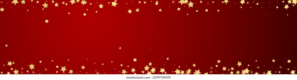 Magic stars vector overlay.  Gold stars scattered around randomly, falling down, floating.  Chaotic dreamy childish overlay template. Vector magic overlay  on red background.