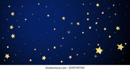 Magic stars vector overlay.  Gold stars scattered around randomly, falling down, floating.  Chaotic dreamy childish overlay template. Magical cartoon night sky on dark blue background.
