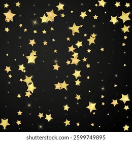 Magic stars vector overlay.  Gold stars scattered around randomly, falling down, floating.  Chaotic dreamy childish overlay template. Enchanting vector with magic stars on black background.