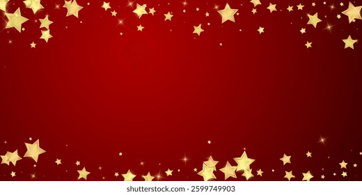 Magic stars vector overlay.  Gold stars scattered around randomly, falling down, floating.  Chaotic dreamy childish overlay template. Magical cartoon night sky on red background.