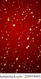 Magic stars vector overlay.  Gold stars scattered around randomly, falling down, floating.  Chaotic dreamy childish overlay template. Vector fairytale  on red background.