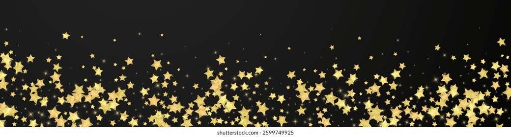 Magic stars vector overlay.  Gold stars scattered around randomly, falling down, floating.  Chaotic dreamy childish overlay template. Enchanting vector with magic stars on black background.