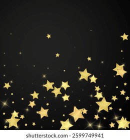 Magic stars vector overlay.  Gold stars scattered around randomly, falling down, floating.  Chaotic dreamy childish overlay template. Enchanting vector with magic stars on black background.