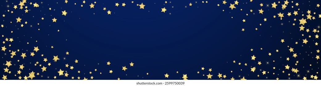 Magic stars vector overlay.  Gold stars scattered around randomly, falling down, floating.  Chaotic dreamy childish overlay template. Enchanting vector with magic stars on dark blue background.