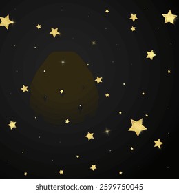 Magic stars vector overlay.  Gold stars scattered around randomly, falling down, floating.  Chaotic dreamy childish overlay template. Miraculous starry night vector  on black background.
