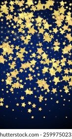 Magic stars vector overlay.  Gold stars scattered around randomly, falling down, floating.  Chaotic dreamy childish overlay template. Magical cartoon night sky on dark blue background.