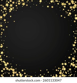 Magic stars vector overlay.  Gold stars scattered around randomly, falling down, floating.  Chaotic dreamy childish overlay template. Magical cartoon night sky on black background.