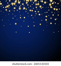 Magic stars vector overlay.  Gold stars scattered around randomly, falling down, floating.  Chaotic dreamy childish overlay template. Magical cartoon night sky on dark blue background.