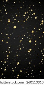 Magic stars vector overlay.  Gold stars scattered around randomly, falling down, floating.  Chaotic dreamy childish overlay template. Magical cartoon night sky on black background.