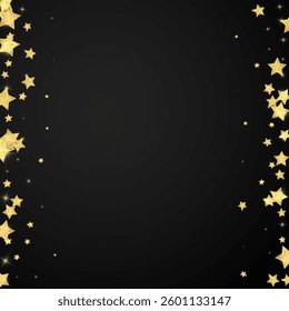 Magic stars vector overlay.  Gold stars scattered around randomly, falling down, floating.  Chaotic dreamy childish overlay template. Enchanting vector with magic stars on black background.