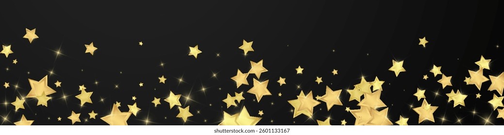 Magic stars vector overlay.  Gold stars scattered around randomly, falling down, floating.  Chaotic dreamy childish overlay template. Magical cartoon night sky on black background.