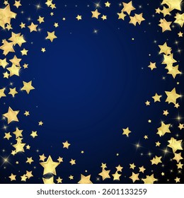 Magic stars vector overlay.  Gold stars scattered around randomly, falling down, floating.  Chaotic dreamy childish overlay template. on dark blue background.