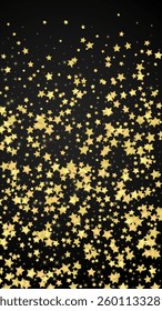 Magic stars vector overlay.  Gold stars scattered around randomly, falling down, floating.  Chaotic dreamy childish overlay template. on black background.