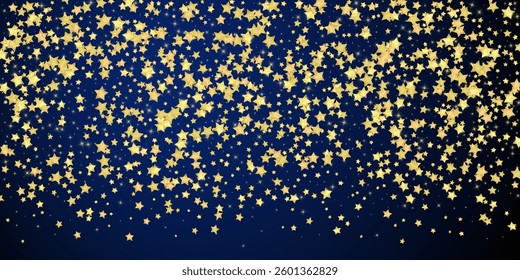 Magic stars vector overlay.  Gold stars scattered around randomly, falling down, floating.  Chaotic dreamy childish overlay template. Enchanting vector with magic stars on dark blue background.