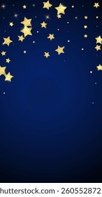 Magic stars vector overlay.  Gold stars scattered around randomly, falling down, floating.  Chaotic dreamy childish overlay template. on dark blue background.