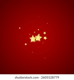 Magic stars vector overlay.  Gold stars scattered around randomly, falling down, floating.  Chaotic dreamy childish overlay template. Enchanting vector with magic stars on red background.
