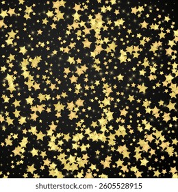 Magic stars vector overlay.  Gold stars scattered around randomly, falling down, floating.  Chaotic dreamy childish overlay template. Miraculous starry night vector  on black background.