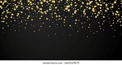 Magic stars vector overlay.  Gold stars scattered around randomly, falling down, floating.  Chaotic dreamy childish overlay template. Miraculous starry night vector  on black background.