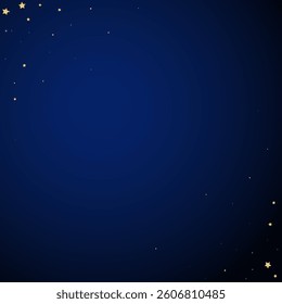 Magic stars vector overlay.  Gold stars scattered around randomly, falling down, floating.  Chaotic dreamy childish overlay template. Vector fairytale  on dark blue background.