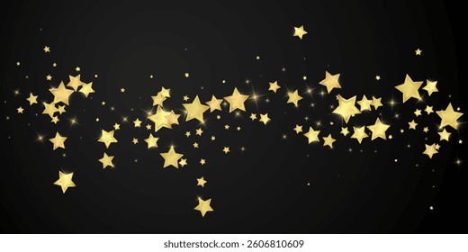 Magic stars vector overlay.  Gold stars scattered around randomly, falling down, floating.  Chaotic dreamy childish overlay template. Vector magic overlay  on black background.