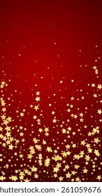 Magic stars vector overlay.  Gold stars scattered around randomly, falling down, floating.  Chaotic dreamy childish overlay template. Magical cartoon night sky on red background.