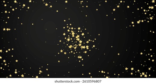 Magic stars vector overlay.  Gold stars scattered around randomly, falling down, floating.  Chaotic dreamy childish overlay template. Miraculous starry night vector  on black background.