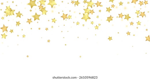 Magic stars vector overlay.  Gold stars scattered around randomly, falling down, floating.  Chaotic dreamy childish overlay template. Vector fairytale  on white background.