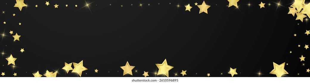 Magic stars vector overlay.  Gold stars scattered around randomly, falling down, floating.  Chaotic dreamy childish overlay template. Miraculous starry night vector  on black background.