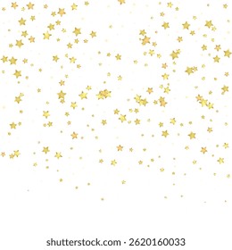 Magic stars vector overlay.  Gold stars scattered around randomly, falling down, floating.  Chaotic dreamy childish overlay template. Enchanting vector with magic stars on white background.