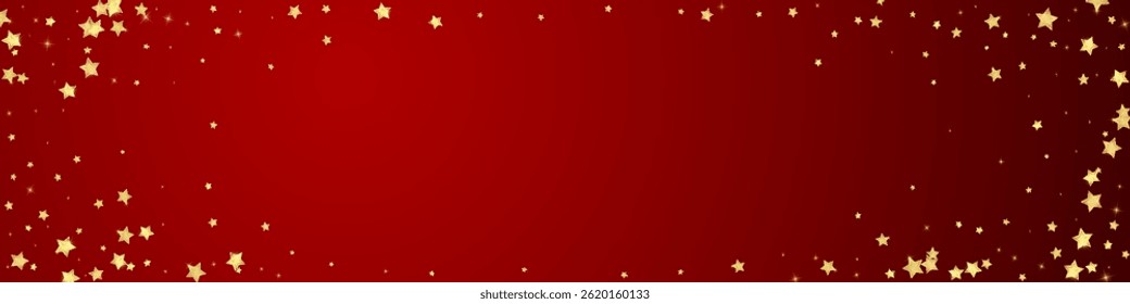 Magic stars vector overlay.  Gold stars scattered around randomly, falling down, floating.  Chaotic dreamy childish overlay template. Miraculous starry night vector  on red background.