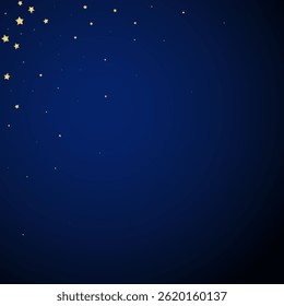 Magic stars vector overlay.  Gold stars scattered around randomly, falling down, floating.  Chaotic dreamy childish overlay template. Magical cartoon night sky on dark blue background.