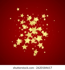 Magic stars vector overlay.  Gold stars scattered around randomly, falling down, floating.  Chaotic dreamy childish overlay template. on red background.