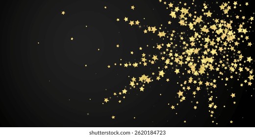 Magic stars vector overlay.  Gold stars scattered around randomly, falling down, floating.  Chaotic dreamy childish overlay template. Magical cartoon night sky on black background.