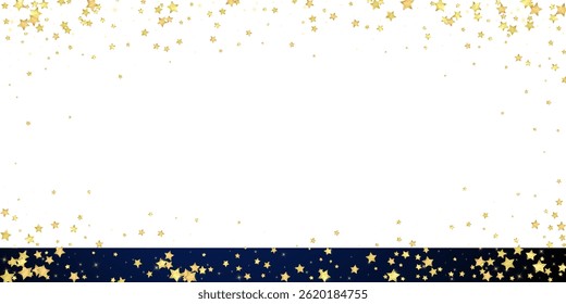 Magic stars vector overlay.  Gold stars scattered around randomly, falling down, floating.  Chaotic dreamy childish overlay template. Enchanting vector with magic stars on dark blue background.