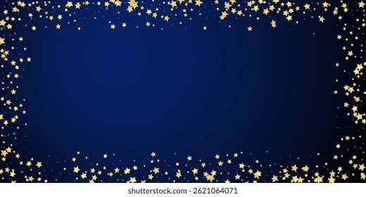 Magic stars vector overlay.  Gold stars scattered around randomly, falling down, floating.  Chaotic dreamy childish overlay template. Miraculous starry night vector  on dark blue background.