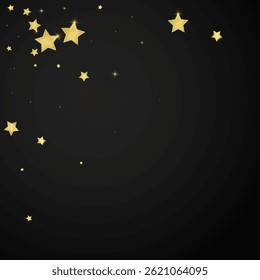 Superposición de Vector de estrellas mágicas.  Estrellas de oro esparcidas al azar, cayendo, flotando.  Caótica Plantilla infantil de ensueño. Vector mágico superpuesto sobre fondo negro.