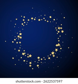 Magic stars vector overlay.  Gold stars scattered around randomly, falling down, floating.  Chaotic dreamy childish overlay template. Magical cartoon night sky on dark blue background.
