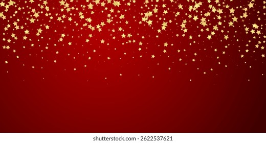 Superposición de Vector de estrellas mágicas.  Estrellas de oro esparcidas al azar, cayendo, flotando.  Caótica Plantilla infantil de ensueño. Cuento de hadas de Vector sobre fondo rojo.