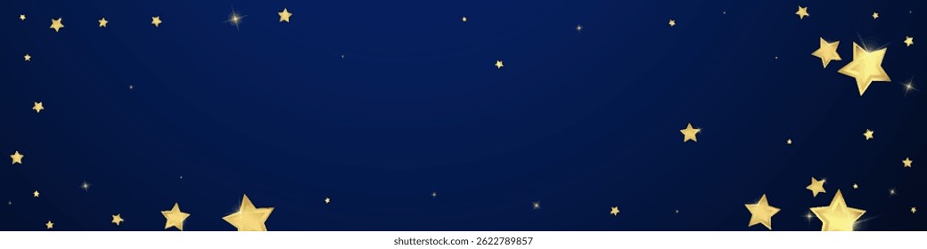 Magic stars vector overlay.  Gold stars scattered around randomly, falling down, floating.  Chaotic dreamy childish overlay template. Magical cartoon night sky on dark blue background.
