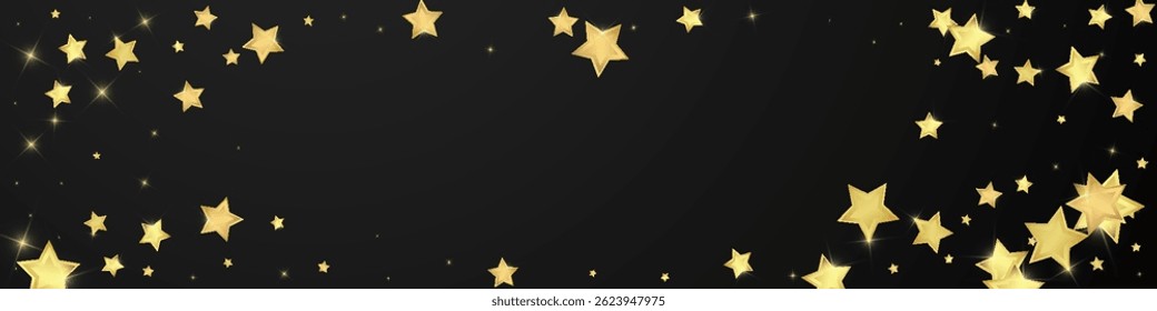Magic stars vector overlay.  Gold stars scattered around randomly, falling down, floating.  Chaotic dreamy childish overlay template. Vector fairytale  on black background.