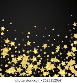 Magic stars vector overlay.  Gold stars scattered around randomly, falling down, floating.  Chaotic dreamy childish overlay template. Vector magic overlay  on black background.