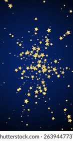 Magic stars vector overlay.  Gold stars scattered around randomly, falling down, floating.  Chaotic dreamy childish overlay template. Miraculous starry night vector  on dark blue background.