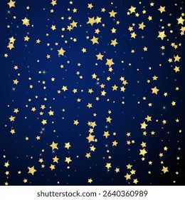 Magic stars vector overlay.  Gold stars scattered around randomly, falling down, floating.  Chaotic dreamy childish overlay template. on dark blue background.