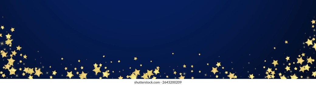 Magic stars vector overlay.  Gold stars scattered around randomly, falling down, floating.  Chaotic dreamy childish overlay template. Vector magic overlay  on dark blue background.