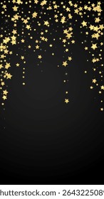 Superposición de Vector de estrellas mágicas.  Estrellas de oro esparcidas al azar, cayendo, flotando.  Caótica Plantilla infantil de ensueño. Vector mágico superpuesto sobre fondo negro.