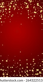 Magic stars vector overlay.  Gold stars scattered around randomly, falling down, floating.  Chaotic dreamy childish overlay template. Vector magic overlay  on red background.