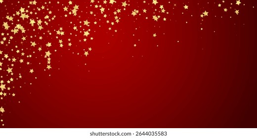 Magic stars vector overlay.  Gold stars scattered around randomly, falling down, floating.  Chaotic dreamy childish overlay template. Miraculous starry night vector  on red background.